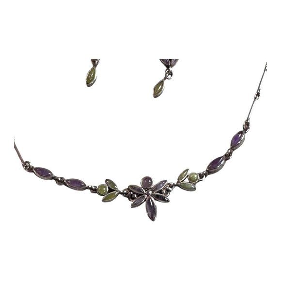 Fortunoff Sterling Silver Amethyst & Jade Floral Necklace & Earrings Jewelry Set - Picture 8 of 16